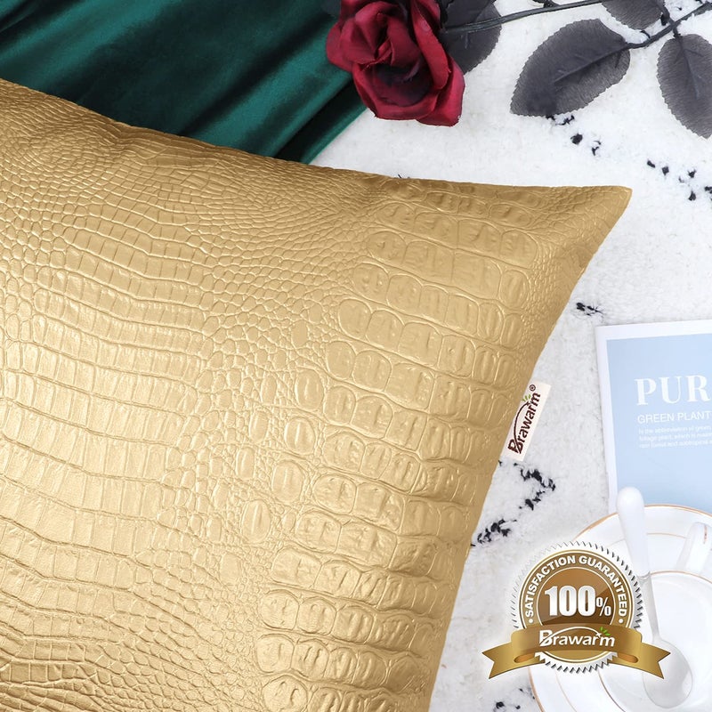 BRAWARM Faux Leather Pillow Covers 20 X 20 Inches, Gold Leather Pillow Covers Pack of 2, Crocodile Leather Decorative Throw Pillows for Living Room Couch Bed Sofa Home - Image 5